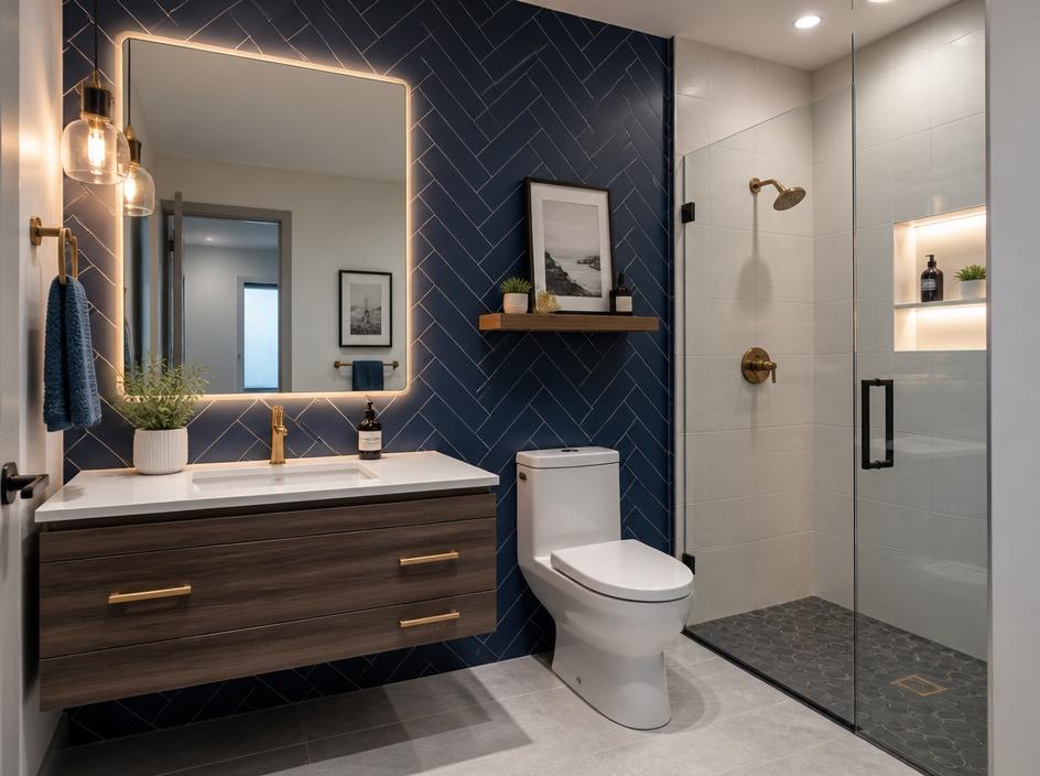 Ensuite bathroom with navy herringbone wall tiles and brass tapware