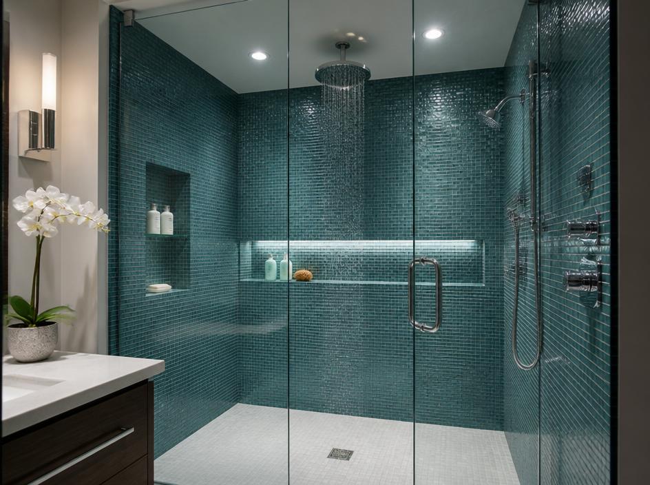 Walk-in shower with teal mosaic tiles and rainfall showerhead