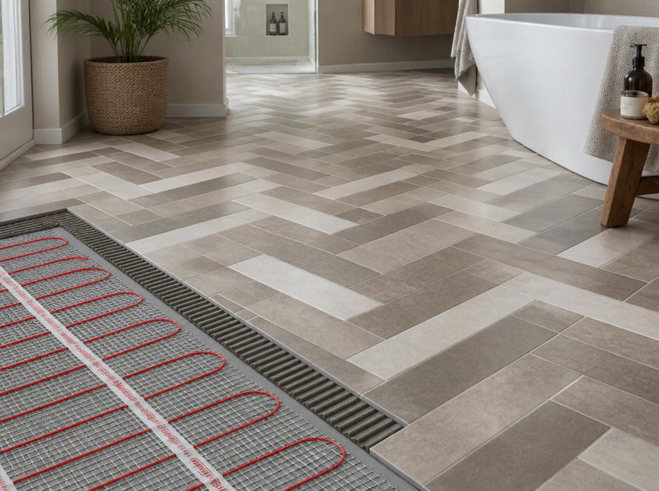 Bathroom floor with herringbone tile pattern and underfloor heating