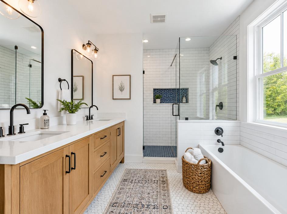 Bright family bathroom with white subway tiles and wood vanity