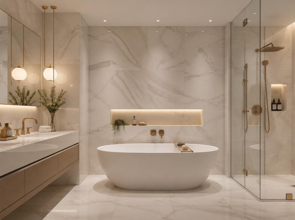Luxury ensuite bathroom with marble-look tiles and freestanding bath